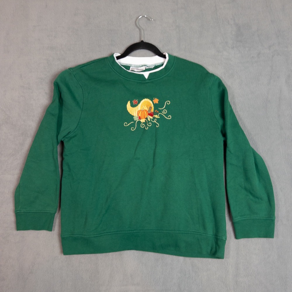 Speculation Sweatshirt Women L Green Good Embroidered Cornucopia Fall Harvest